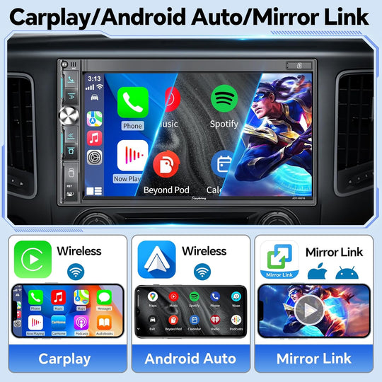 JOY-W018 - Double Din Car Stereo with Wireless Apple Carplay, Android Auto