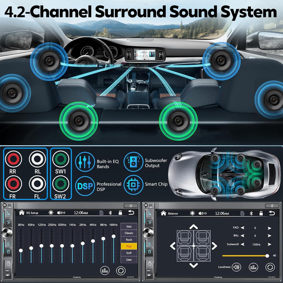 JOY-W018 - Double Din Car Stereo with Wireless Apple Carplay, Android Auto